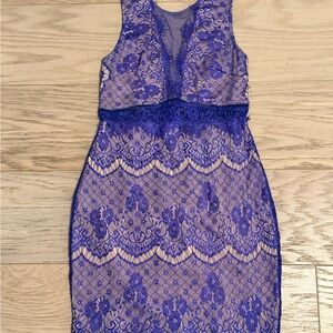 Elegant Lace Dress (nude lining and mesh with aquamarine blue/violet purple)